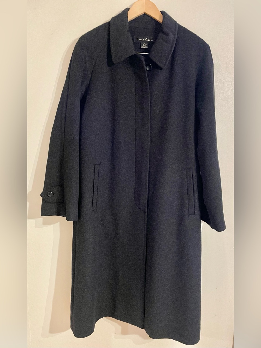 1 Madison Women’s 100% Cashmere Dark Gray Classic Trench Coat Sz 12- LIKE NEW